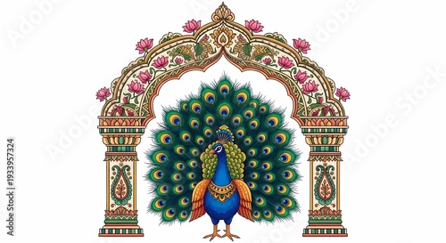 Peacock under ornate temple gateway in richly detailed traditional Indian Pichwai painting style.