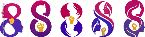 Women's Day Vector Icon Set Featuring Stylized Number Eight with Female Profiles and Raised Golden Fists