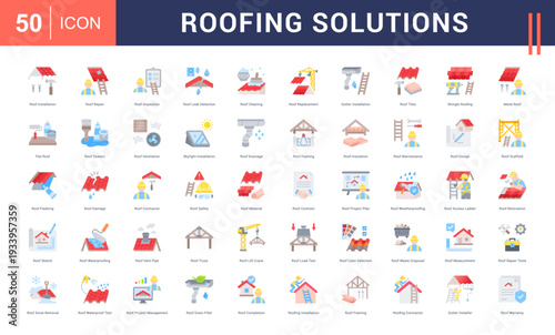 Roofing Solutions Icon Set. Roof Installation, Roof Repair, Roof Inspection, Roof Leak Detection, Roof Cleaning and more. Flat style vector icons collection.