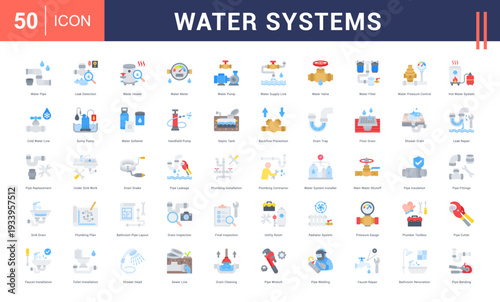 Water Systems Icon Set. Water Pipe, Leak Detection, Water Heater, Water Meter, Water Pump and more. Flat style vector icons collection.