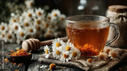 Best herbal teas for cold and flu. Glass cup of chamomile tea with fresh daisies dried petals and honey on rustic wooden table warm cozy wellness and herbal health concept.