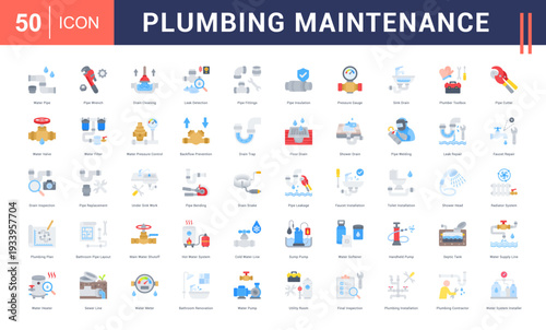 Plumbing Maintenance Icon Set. Water Pipe, Pipe Wrench, Drain Cleaning, Leak Detection, Pipe Fittings and more. Flat style vector icons collection.