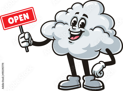 Cloud mascot cartoon holding an open sign