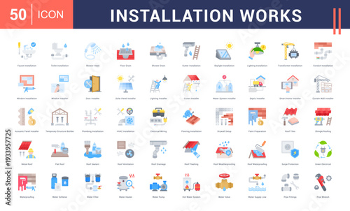 Installation Works Icon Set. Faucet Installation, Toilet Installation, Shower Head, Floor Drain, Shower Drain and more. Flat style vector icons collection.