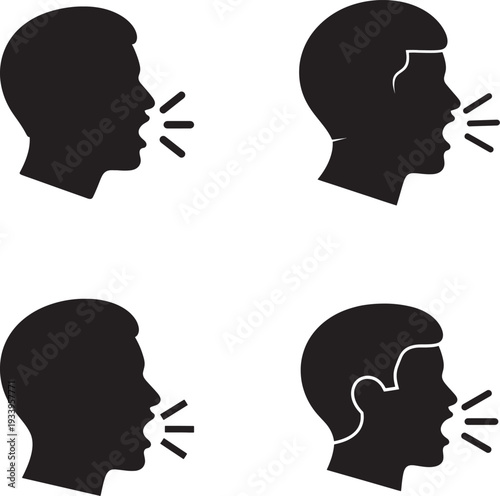 Illustration of four heads with speech lines and brain damage