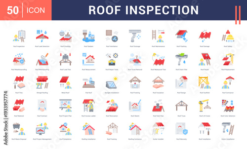 Roof Inspection Icon Set. Roof Inspection, Roof Leak Detection, Roof Cleaning, Roof Sealant, Roof Ventilation and more. Flat style vector icons collection.