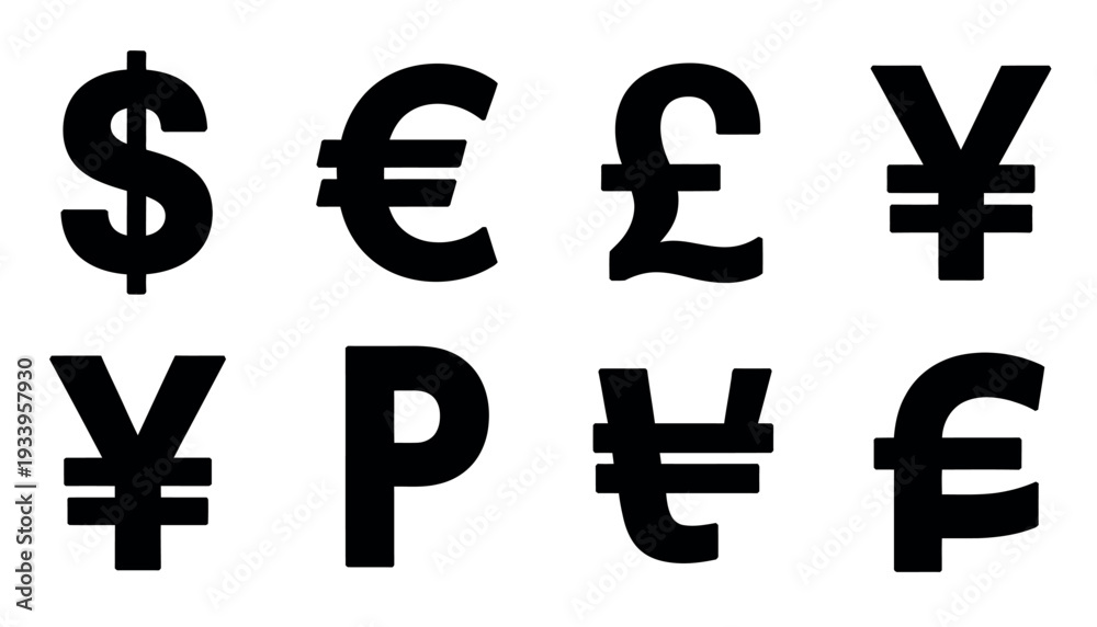 Obraz premium Currency symbols vector illustration including dollar, euro, pound, yen, rupee, won, and franc