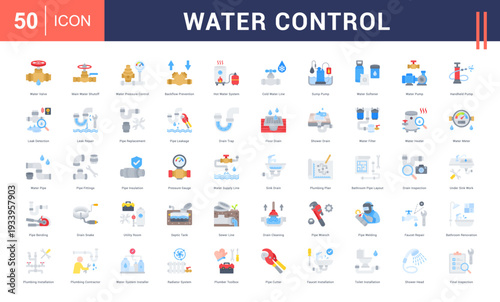 Water Control Icon Set. Water Valve, Main Water Shutoff, Water Pressure Control, Backflow Prevention, Hot Water System and more. Flat style vector icons collection.