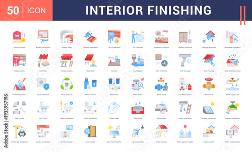 Interior Finishing Icon Set. Interior Framing, Window Installation, Drywall Setup, Flooring Installation, Paint Preparation and more. Flat style vector icons collection.