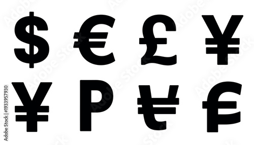 Currency symbols vector illustration including dollar, euro, pound, yen, rupee, won, and franc