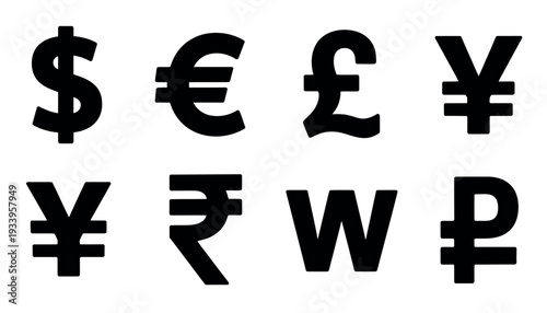 Currency Symbol Vector Collection featuring a comprehensive set of world money icons including the Dollar, Euro, Pound, and Yen