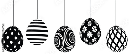 Easter sunday decorative eggs hanging ornaments black and white patterns