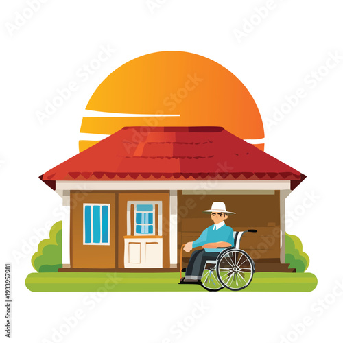 Person in wheelchair outside house under sunset