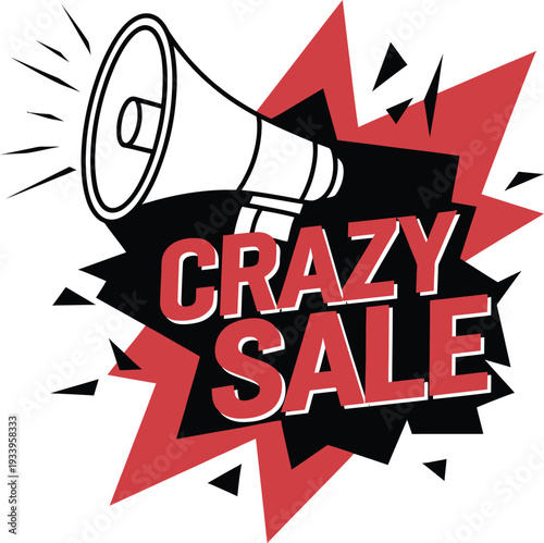 Megaphone announcing crazy sale comic style promotional sticker vector