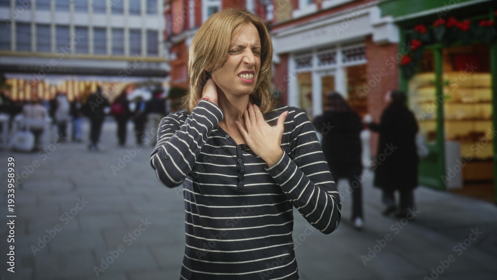 Fototapeta premium Woman clutching chest and pressing neck with hand in a busy urban shopping street by storefronts and crowds; pain urgency concern.