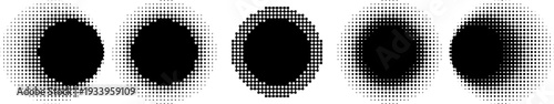 Halftone circle frames. Dotted round shapes, black and white polka dot border and circular grain texture set. Abstract halftone sphere, retro pop art dots and radial pointillism effects