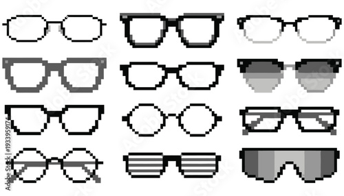 Pixelated Eyewear Frame Variety Set Vector — Monochrome Pixel Art Glasses Collection Black White Clipart