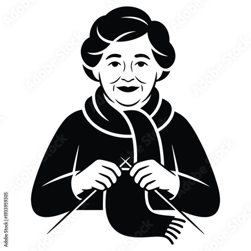 Silhouette elderly woman knitting scarf, creating handmade garment. senior female knitter working with yarn. hobby craft black image