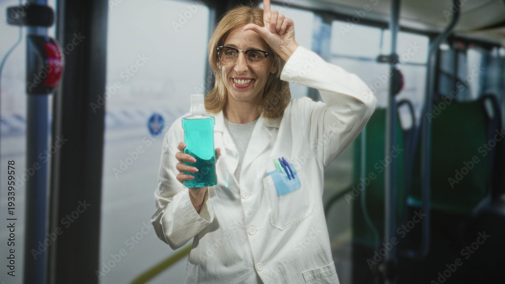 Naklejka premium Woman doctor in white lab coat holding turquoise mouthwash bottle, finger to forehead gesture inside a street transit bus with seats and poles visible; cheerful health advice.