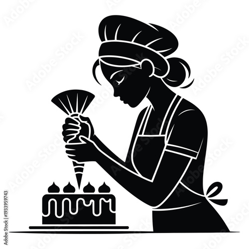 Woman baker decorating cake with pastry bag, professional chef at work creating sweet dessert, silhouette of confectioner adding cream on baked cake