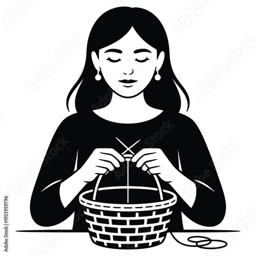 Silhouette woman weaving basket, creating handmade item. female knitter making craft from natural materials. hobby art black image