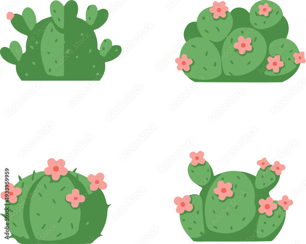 Fototapeta premium Four cartoon cacti with pink flowers on a white background