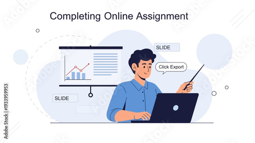 Student completing online assignment on laptop, presentation screen with graph, learning concept