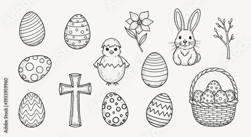 Easter-themed illustrations featuring eggs, chick, rabbit, and cross in a minimalist style