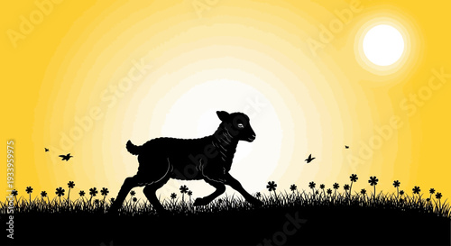 A goat running through a field of flowers in a sunny landscape