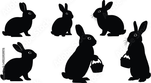 Easter sunday celebration with six black silhouette rabbits holding eggs