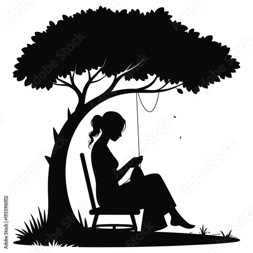 Woman knitting under big shade tree, serene silhouette of lady enjoying crafting hobby outdoors, person sitting on chair making textile art