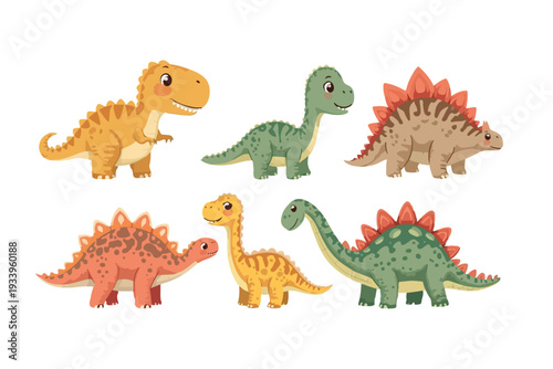 Vibrant collection of six adorable cartoon dinosaurs, including a friendly Tyrannosaurus Rex, Stegosaurus, and other prehistoric creatures, in a cheerful vector illustration