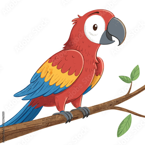 Colorful Macaws on a Tree Branch Cartoon Illustration