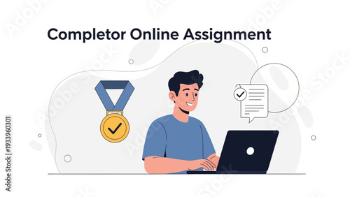 Student Completing Online Assignment with Laptop, Medal and Checklist Icon
