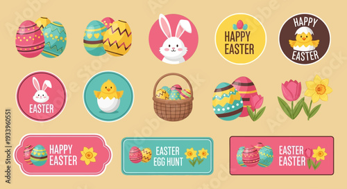 Collection of Easter-themed illustrations featuring eggs, bunny, flowers, baskets, and labels on a pastel background from a straightforward viewpoint.