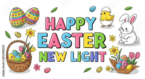 Vibrant Easter celebration with eggs, basket, flowers, and bunny in a joyful spring scene from a direct viewpoint