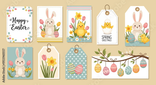 Collection of Easter gift tags with bunnies, flowers, and eggs in various designs and spring themes