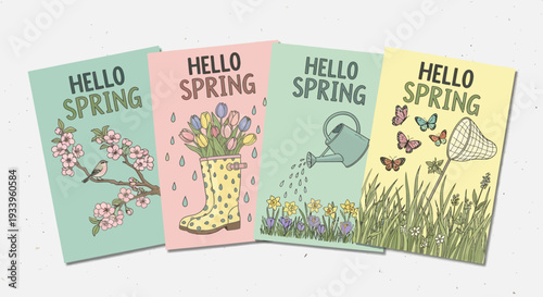 Spring greeting cards with floral and garden themes displayed together in a layered arrangement