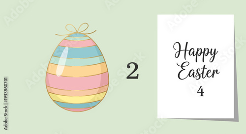 Colorful Easter egg and greeting card on a light green background viewed from directly above