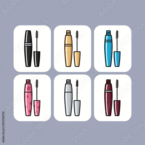 Collection of colorful mascara tubes with applicator wands including black gold blue pink silver and burgundy containers for makeup kit beauty products cosmetics industry and fashion accessory graphic