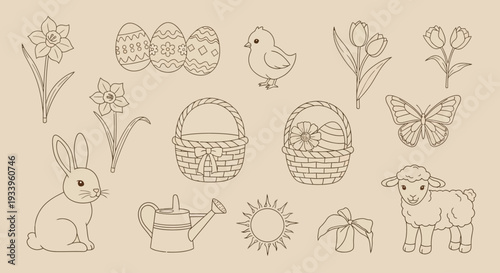 Easter-themed illustration featuring a bunny, eggs, and lamb in a spring landscape with flowers and butterflies