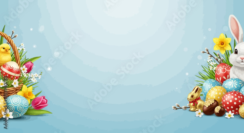 Celebrating Easter with festive eggs and bunnies in a vibrant spring scene from a straightforward viewpoint