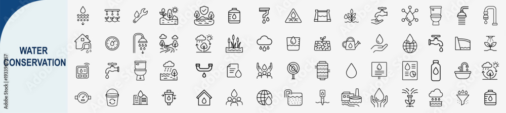 Fototapeta premium water conservation and eco friendly environment line icons set, vector design