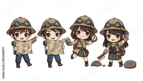 Cute Chibi Explorer Kids Discovering Fossils and Maps