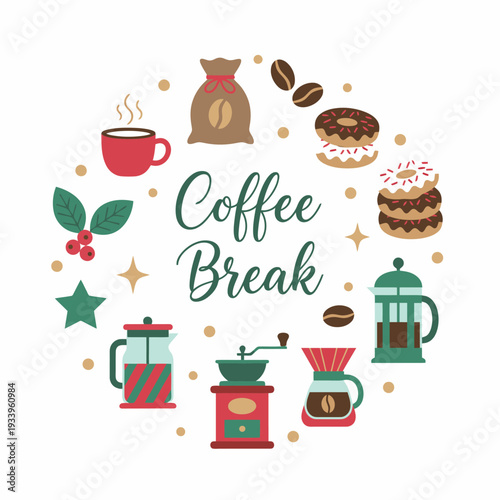 Coffee Break circular graphic design with coffee beans brewing equipment french press grinder donuts and hot mug icons for cafe menu signage break time relaxation and beverage culture illustration