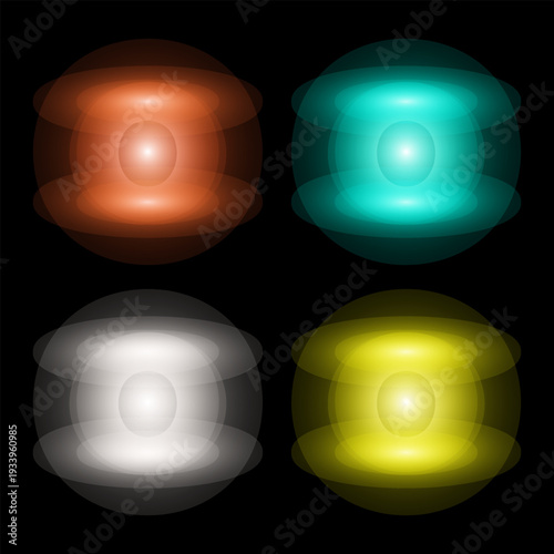 Set of four vector graphic glowing spheres in different colours on a black background, ideal for design elements or icons, creating a visually appealing and modern graphic representation.