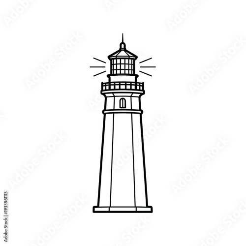 A tall stone lighthouse tower stands as a beacon of safety on an isolated island coast, casting light over the sea and ocean waves under a cloudy sky in this silhouette vector illustration