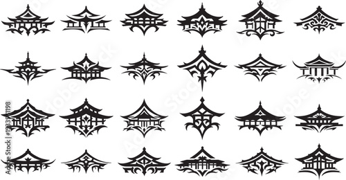 Traditional Asian Roof Silhouette Emblem Vector Icon Set