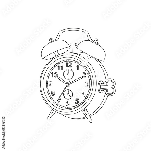 A classic vintage black metal alarm clock with twin bells is isolated on white, featuring a retro numbered face to provide a timely morning wake up reminder