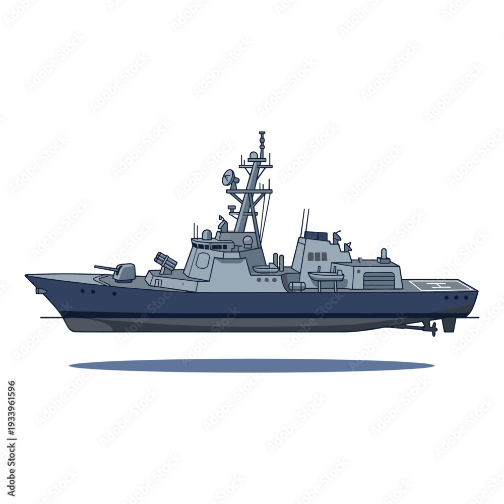 Fototapeta premium Naval Warship Destroyer Flat Style Maritime Defense